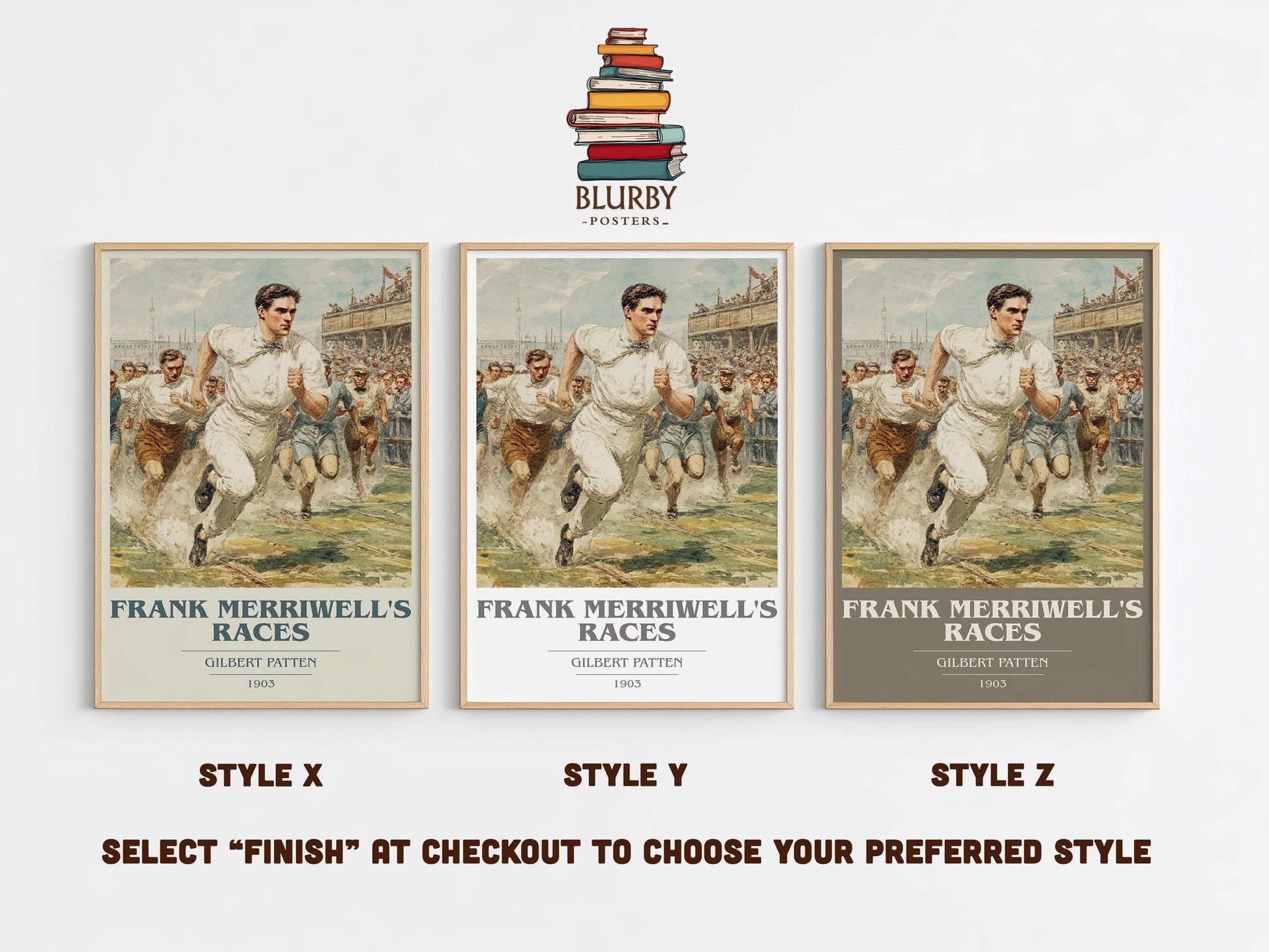 Frank Merriwell's Races book cover print in frame leaning in hallway – adventure wall art