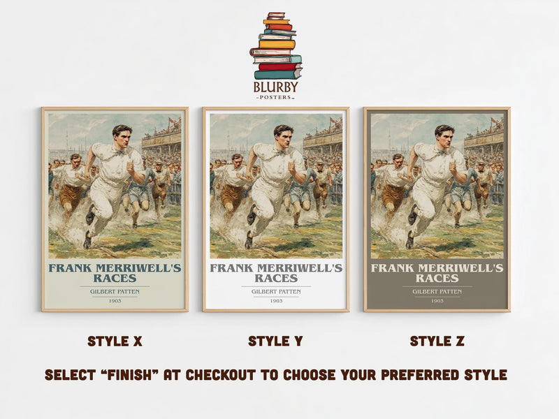 Frank Merriwell's Races book cover print in frame leaning in hallway – adventure wall art