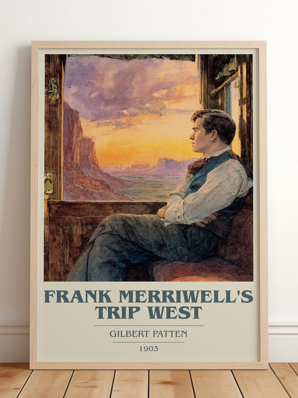 Frank Merriwell's Trip West book cover print in frame leaning in hallway – adventure wall art