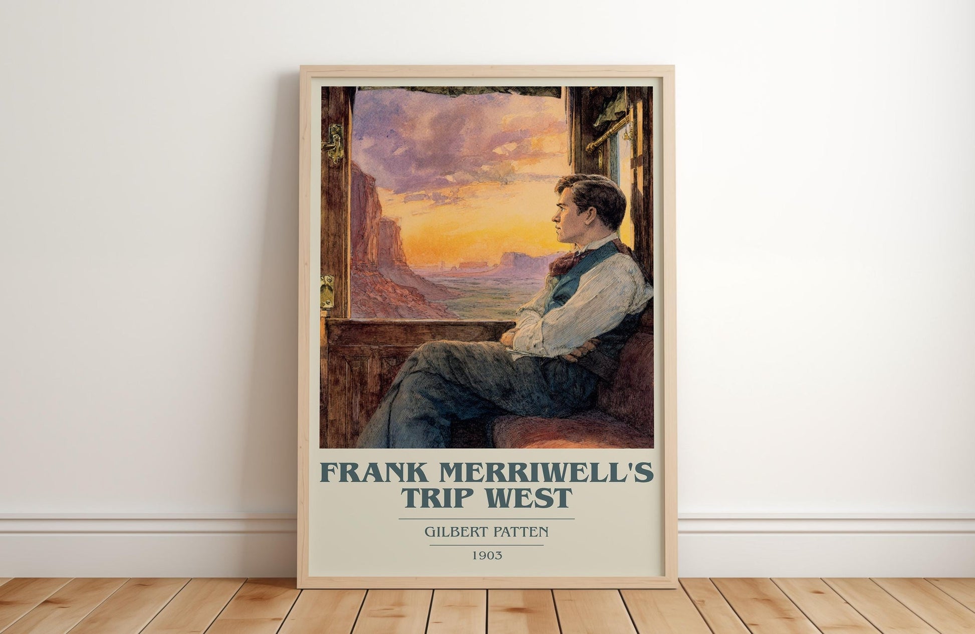 Frank Merriwell's Trip West book cover print in frame leaning in hallway – adventure wall art