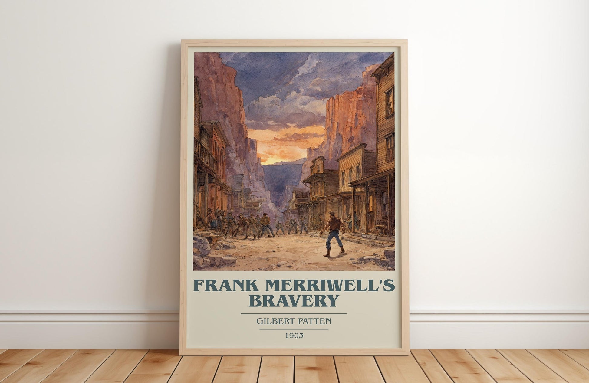 Frank Merriwell's Bravery book cover print in frame leaning in hallway – adventure wall art
