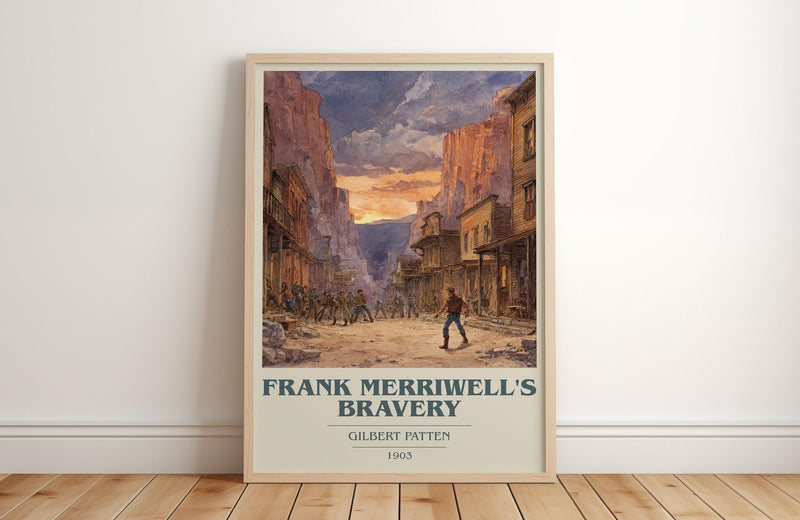 Frank Merriwell's Bravery book cover print in frame leaning in hallway – adventure wall art