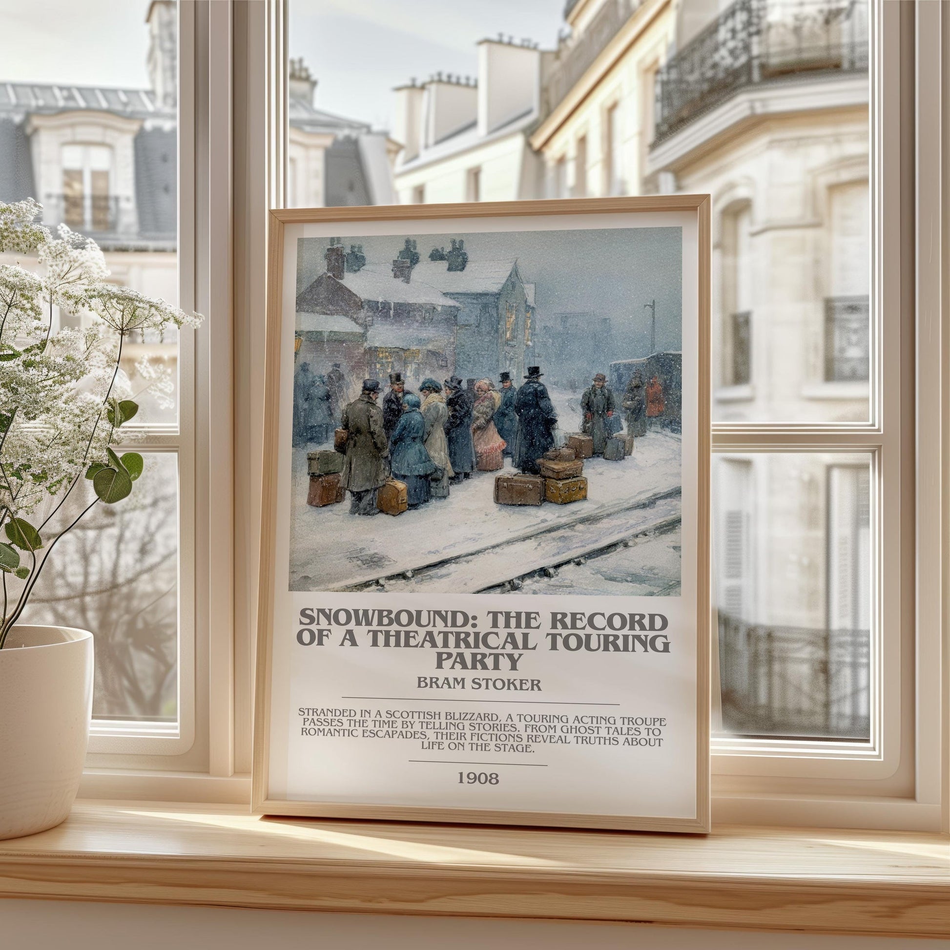 Snowbound: The Record of a Theatrical Touring Party bookish print framed by window – literary home decor