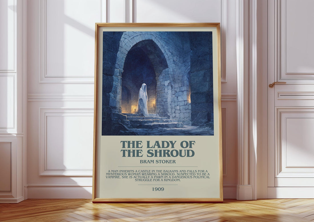 The Lady of the Shroud bookish print in frame leaning in hallway – adventure wall art (mockup)