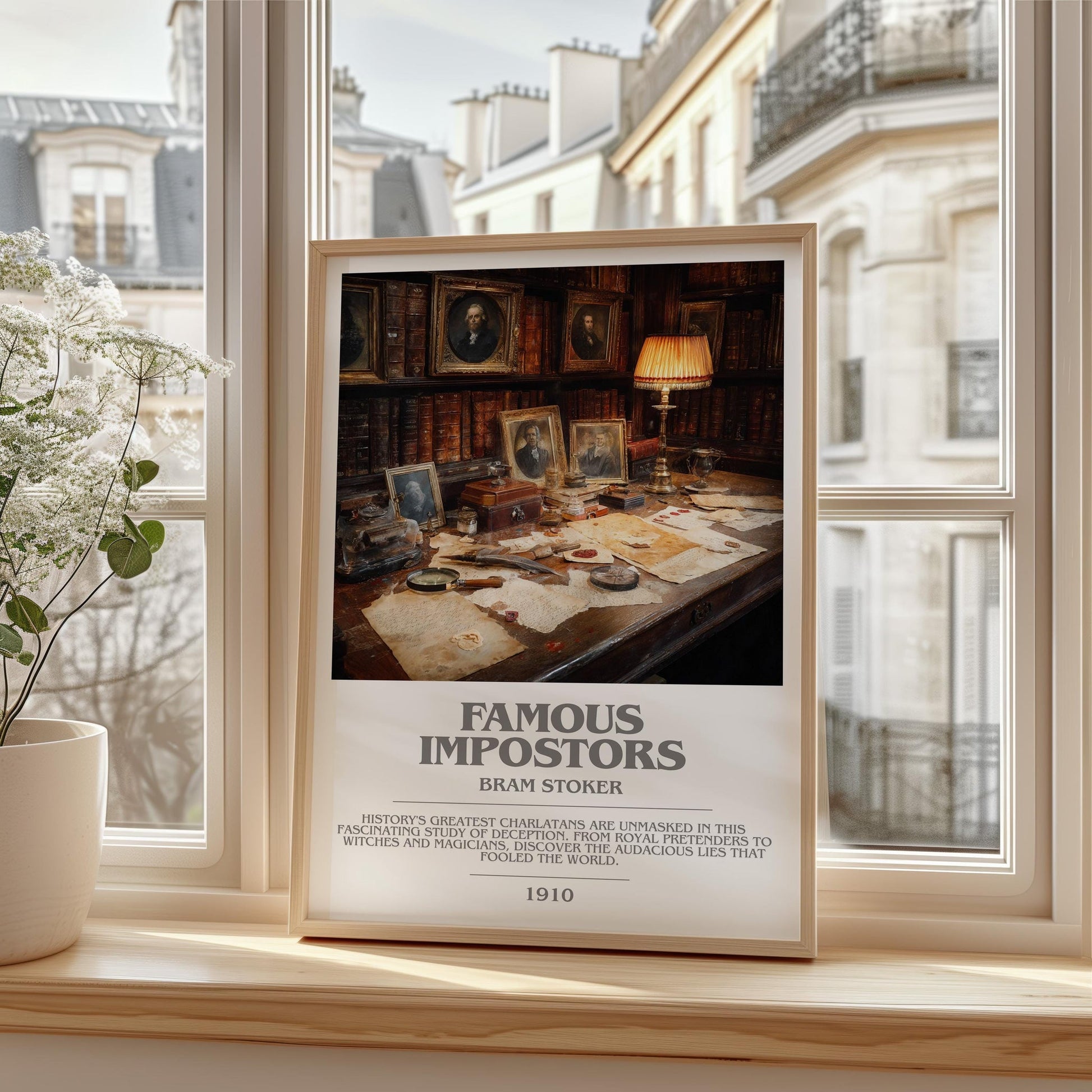 Famous Impostors bookish print framed by window – literary home decor
