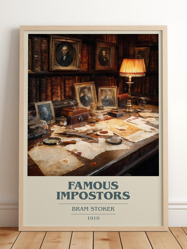 Famous Impostors book cover print in frame leaning in hallway – gothic wall art