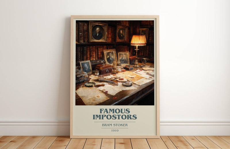 Famous Impostors book cover print in frame leaning in hallway – gothic wall art