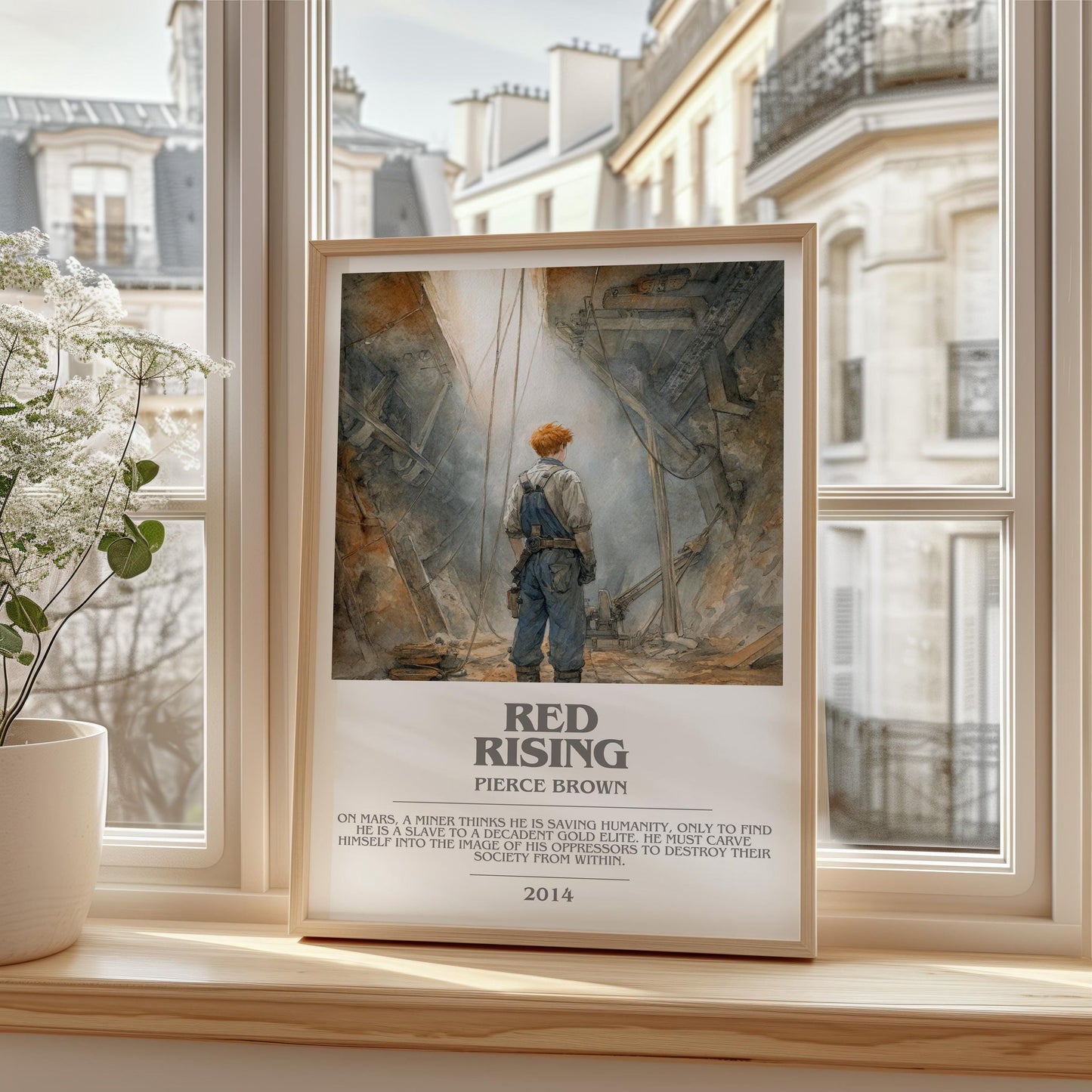 Red Rising bookish print framed by window – literary home decor