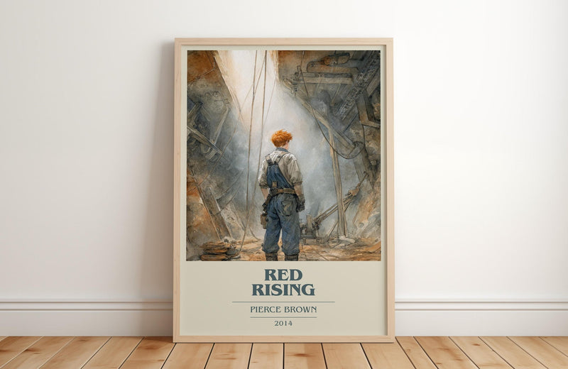 Red Rising book cover print in frame leaning in hallway – horror wall art