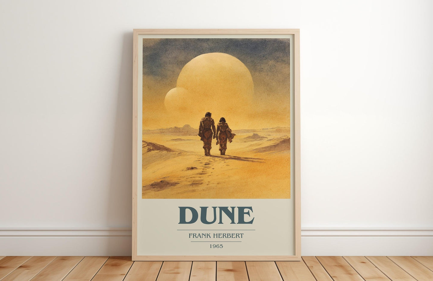 Dune book cover print in frame leaning in hallway – sci fi wall art