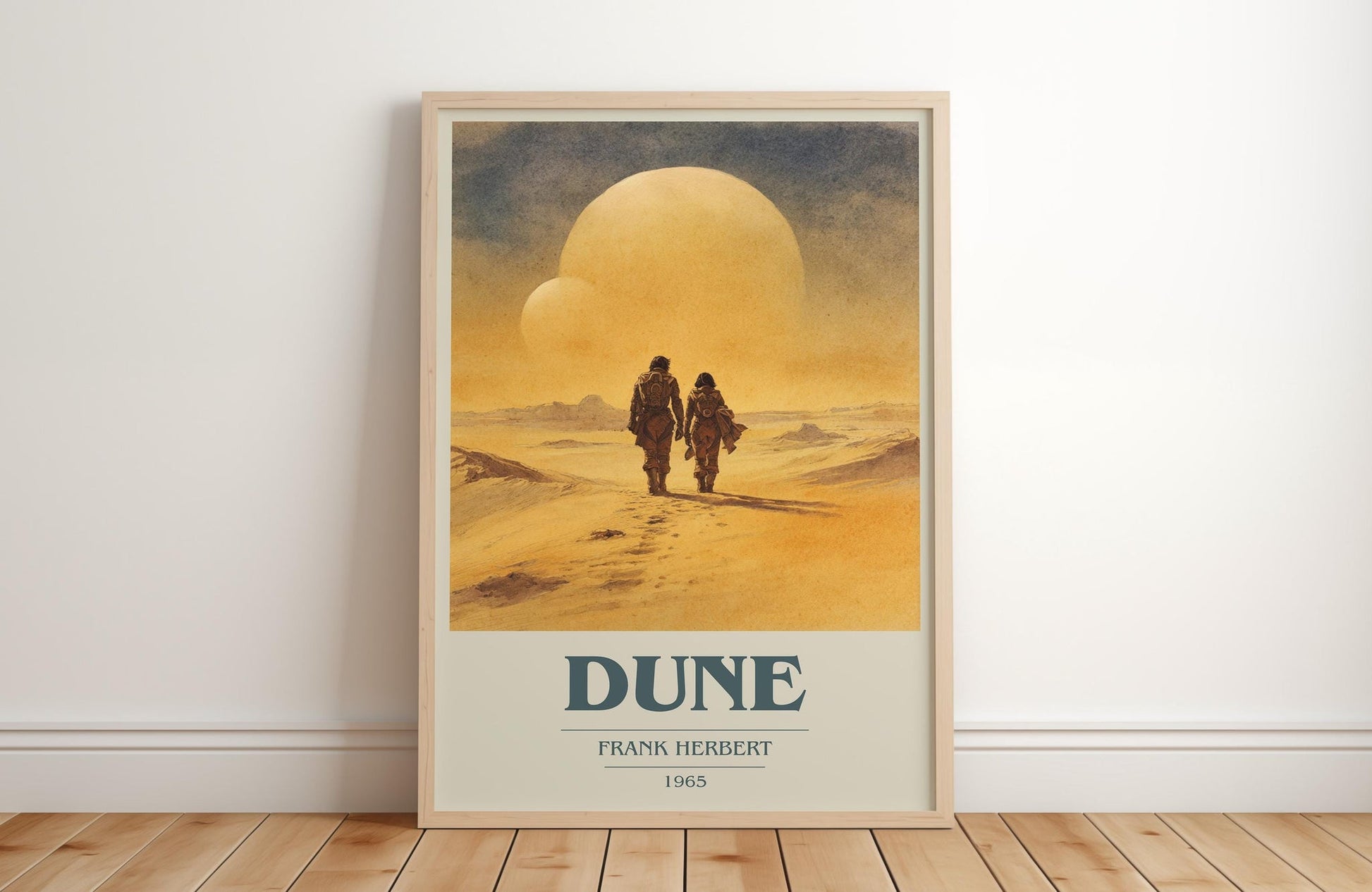 Dune book cover print in frame leaning in hallway – sci fi wall art
