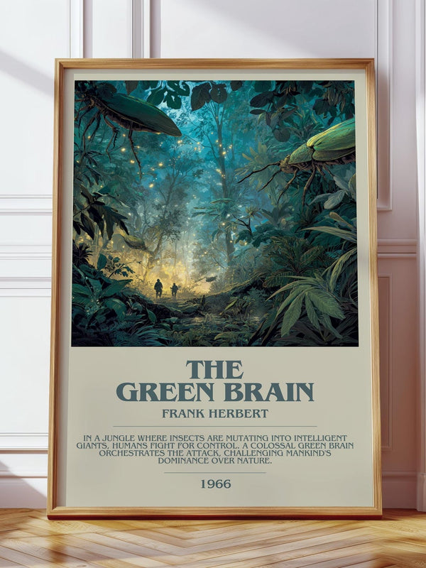 The Green Brain bookish print in frame leaning in hallway – sci fi wall art