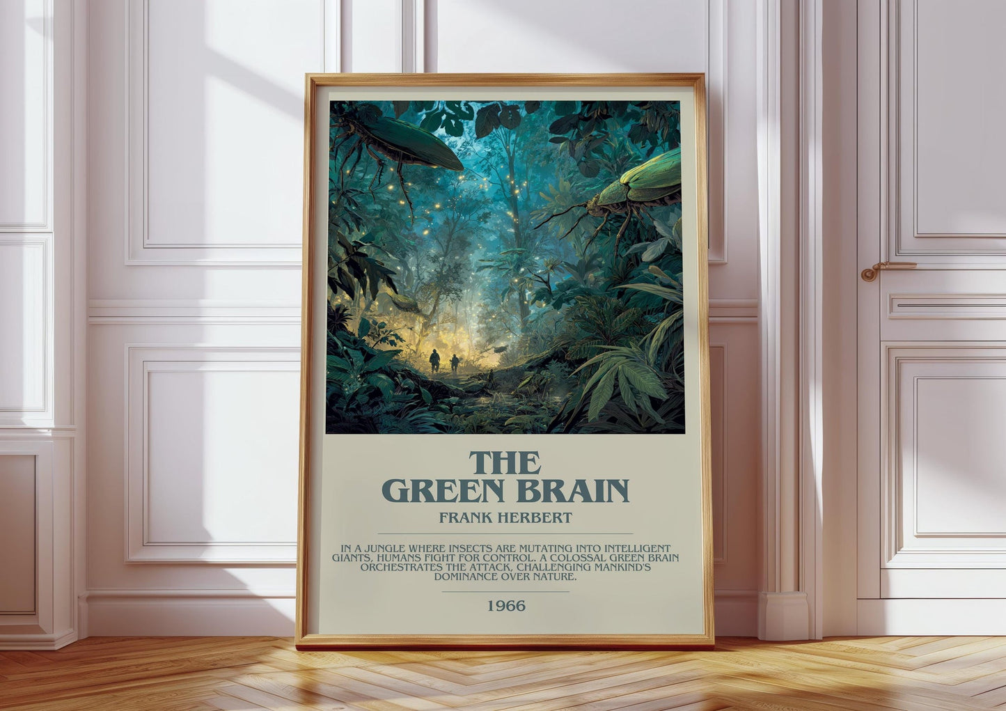 The Green Brain bookish print in frame leaning in hallway – sci fi wall art