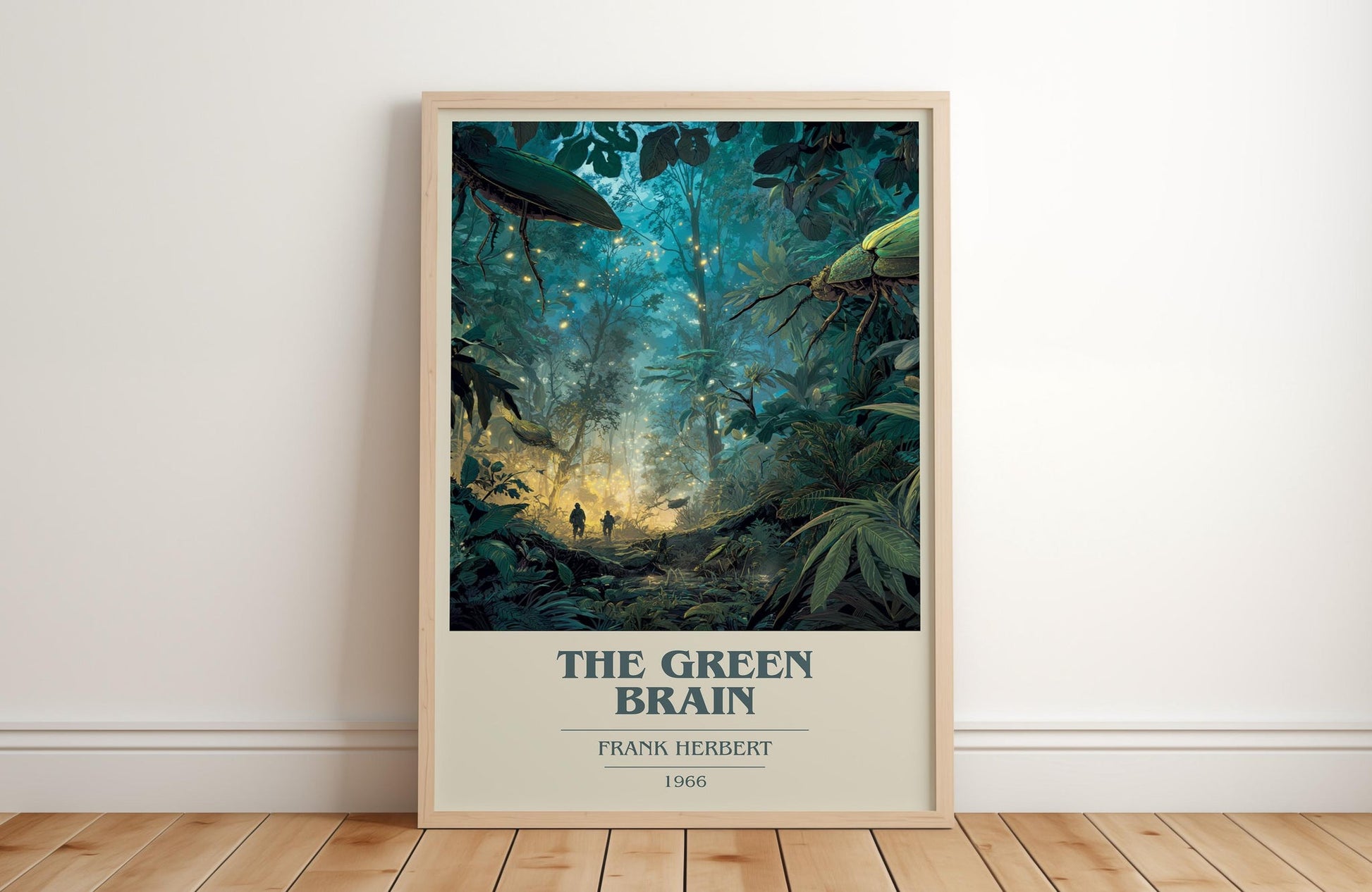 The Green Brain book cover print in frame leaning in hallway – sci fi wall art