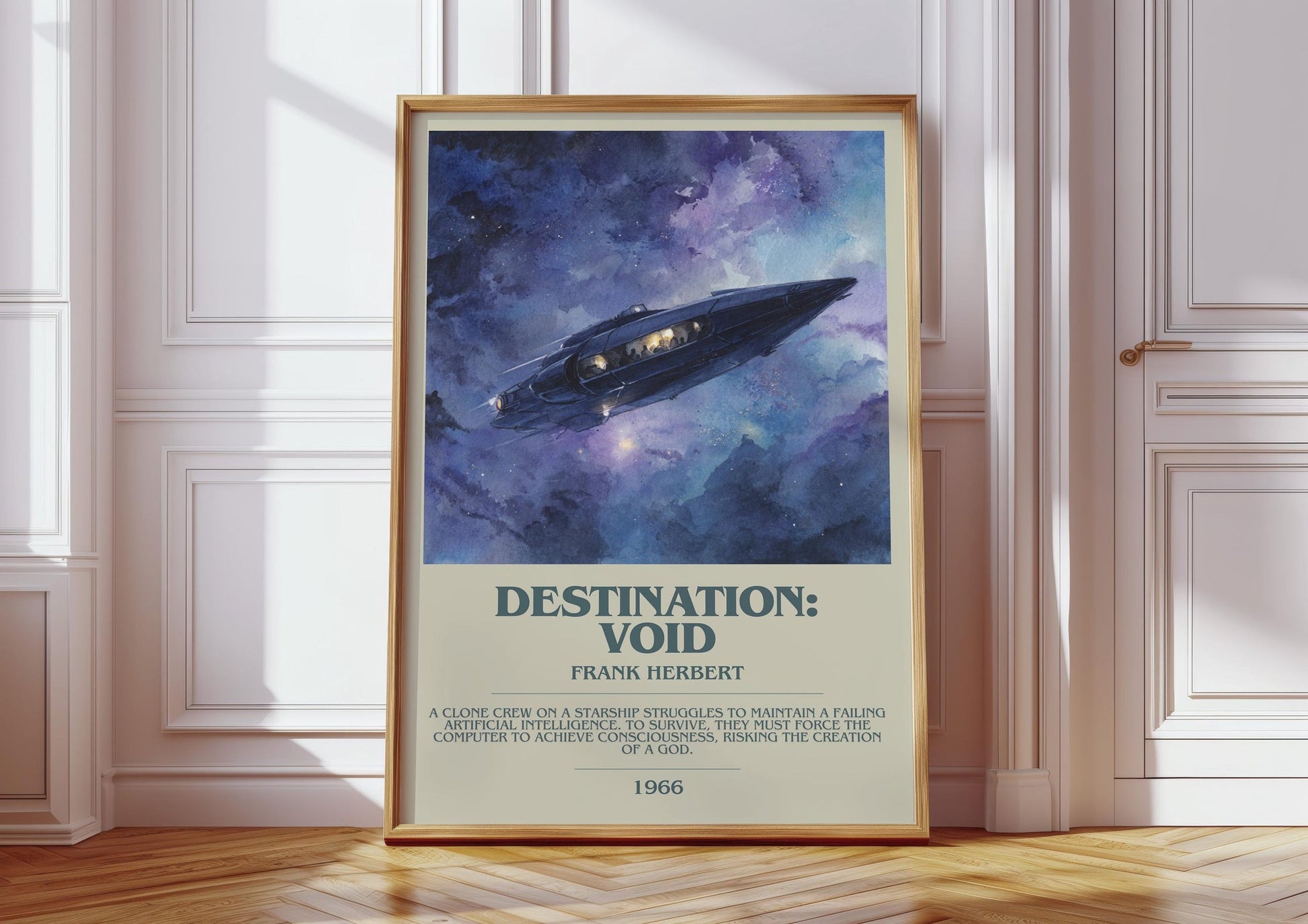 Destination: Void bookish print in frame leaning in hallway – sci fi wall art
