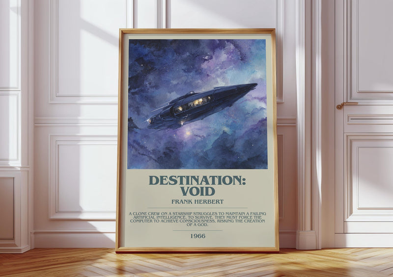 Destination: Void bookish print in frame leaning in hallway – sci fi wall art