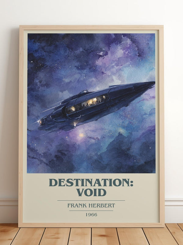 Destination: Void book cover print in frame leaning in hallway – sci fi wall art