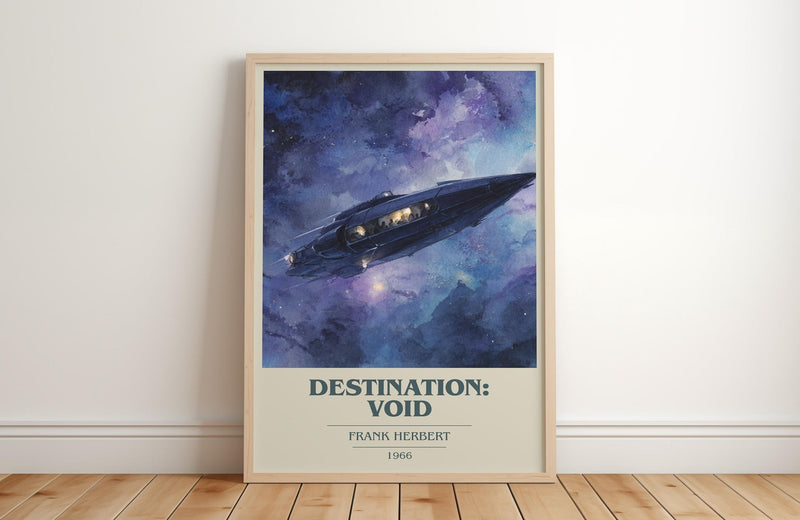 Destination: Void book cover print in frame leaning in hallway – sci fi wall art
