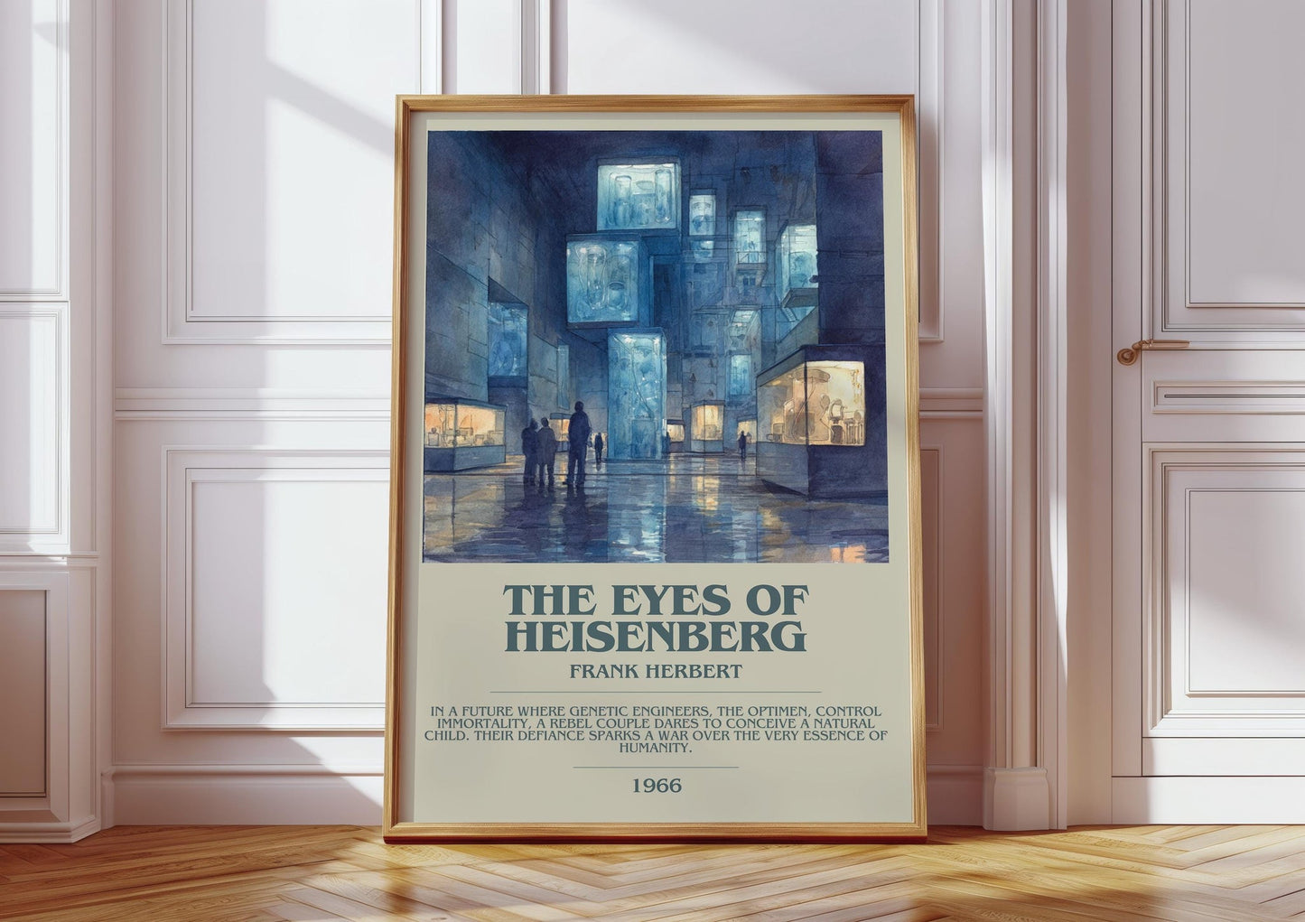 The Eyes of Heisenberg bookish print in frame leaning in hallway – sci fi wall art