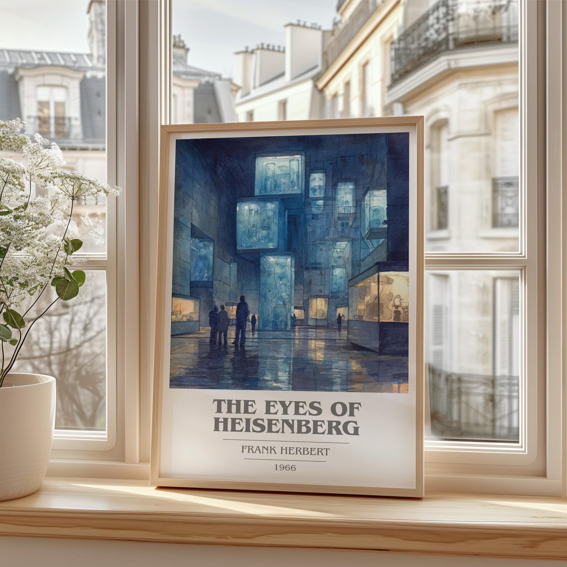 The Eyes of Heisenberg book cover print framed by window – literary home decor