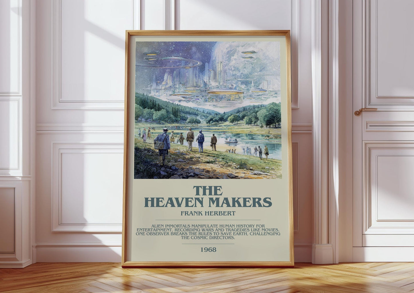 The Heaven Makers bookish print in frame leaning in hallway – sci fi wall art