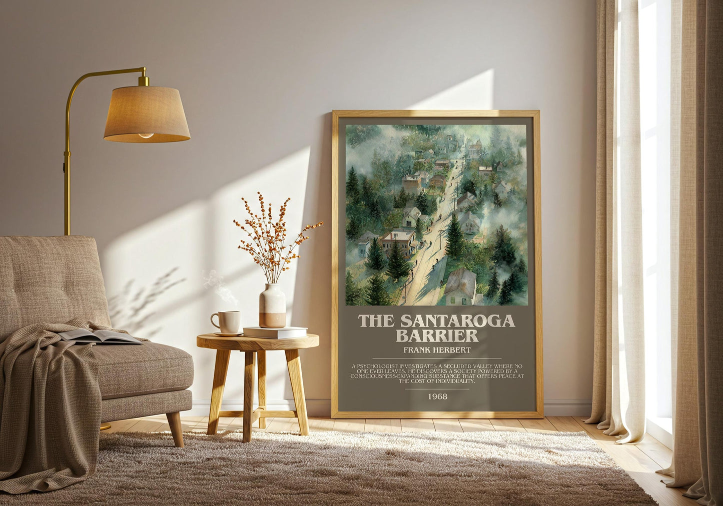 The Santaroga Barrier bookish print on bookshelf – Frank Herbert fan gift