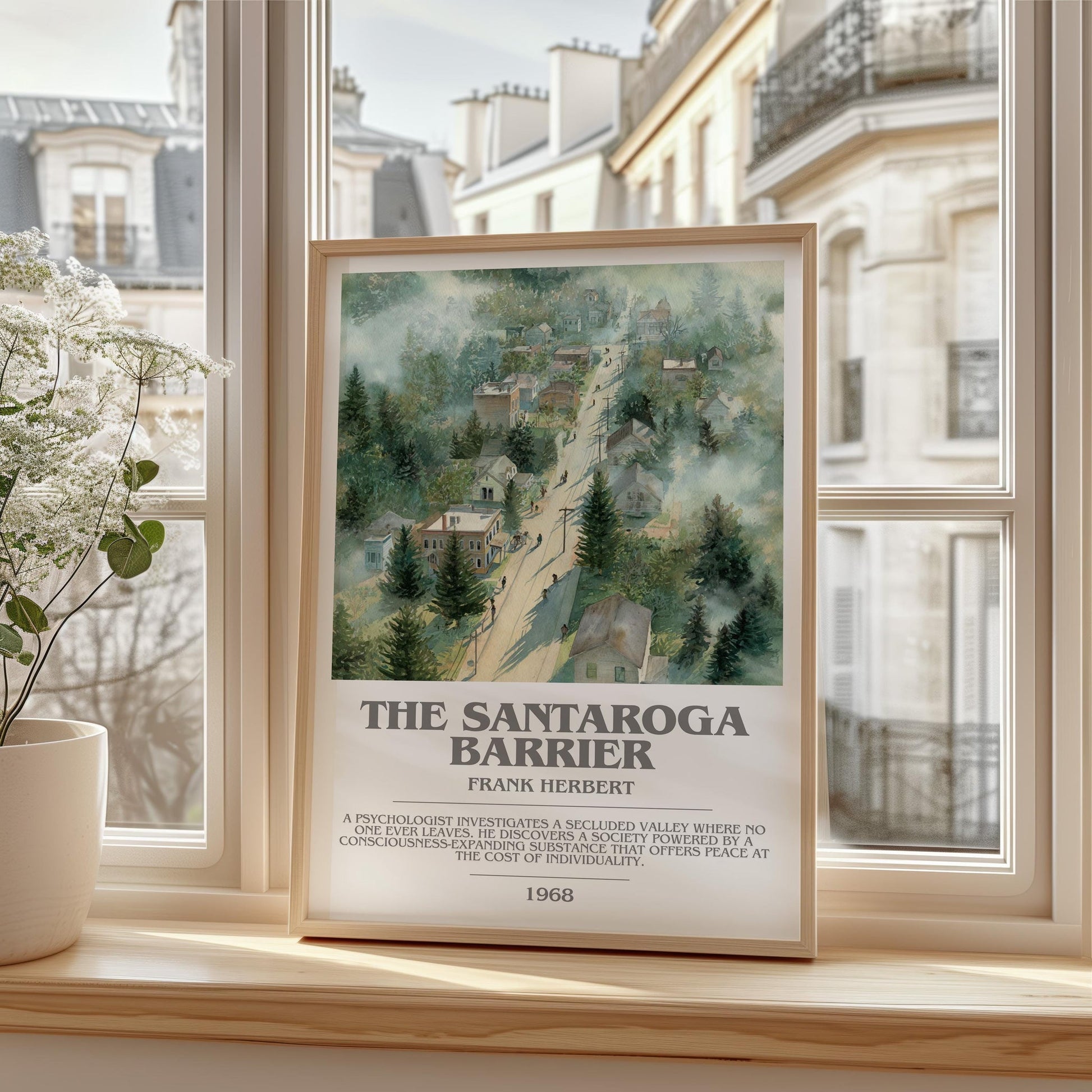 The Santaroga Barrier bookish print framed by window – literary home decor