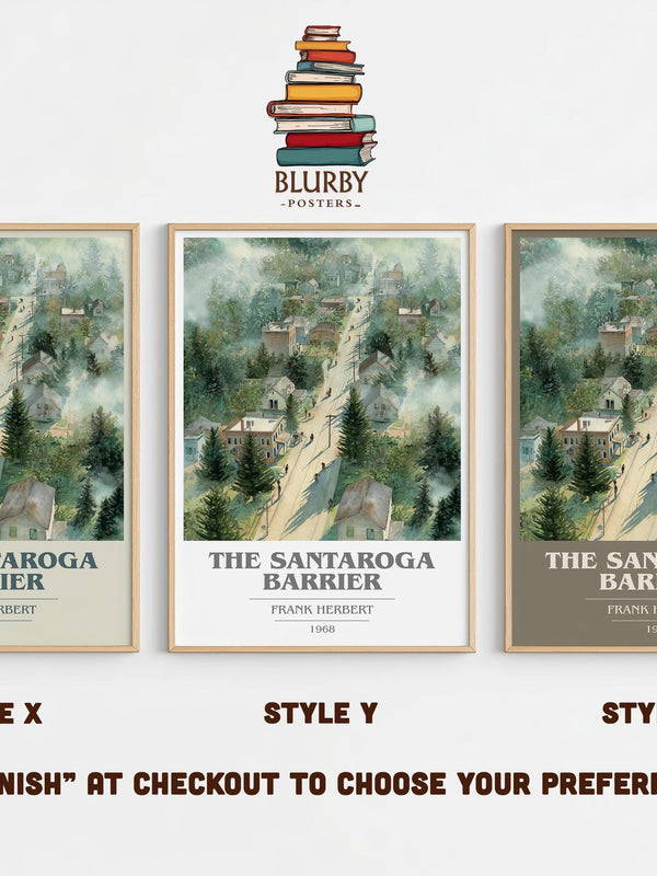 The Santaroga Barrier book cover print in frame leaning in hallway – sci fi wall art