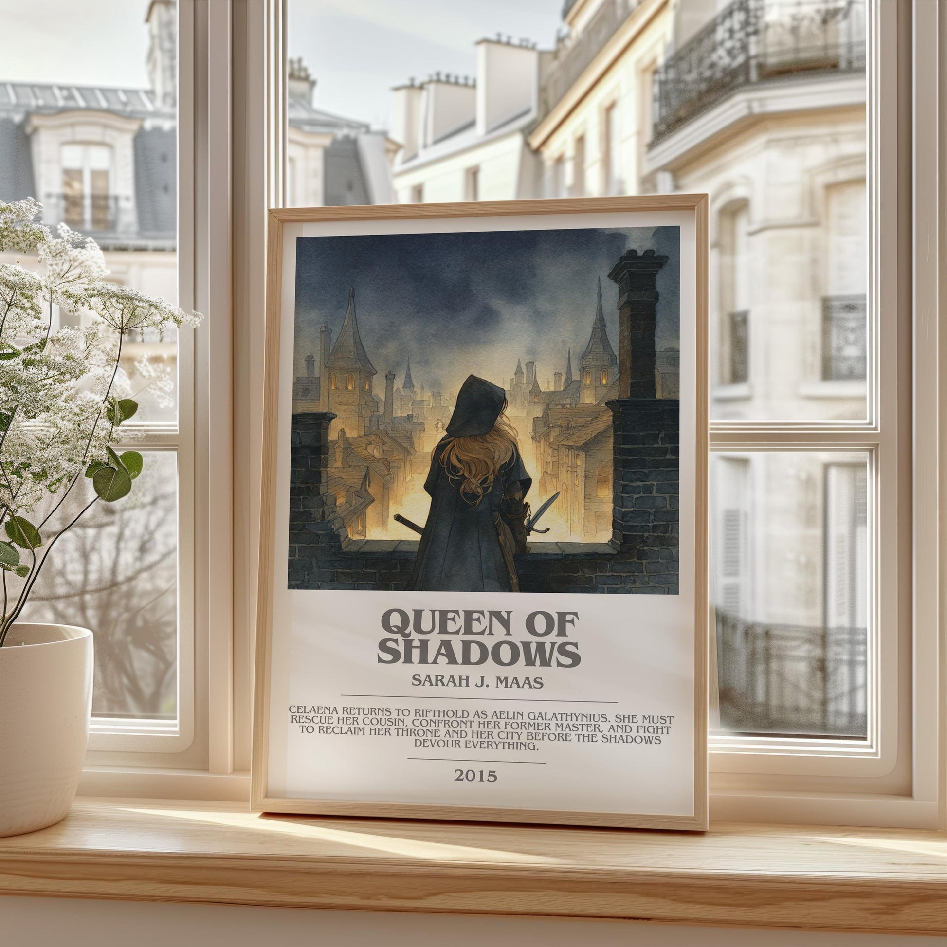 Queen of Shadows bookish print framed by window – literary home decor