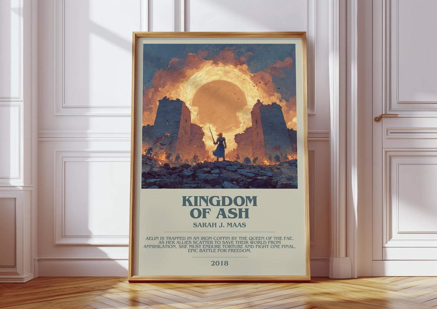 Kingdom of Ash bookish print in frame leaning in hallway – fantasy wall art