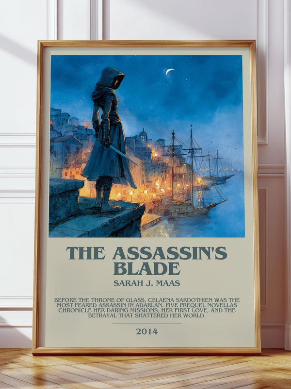 The Assassin's Blade bookish print in frame leaning in hallway – fantasy wall art