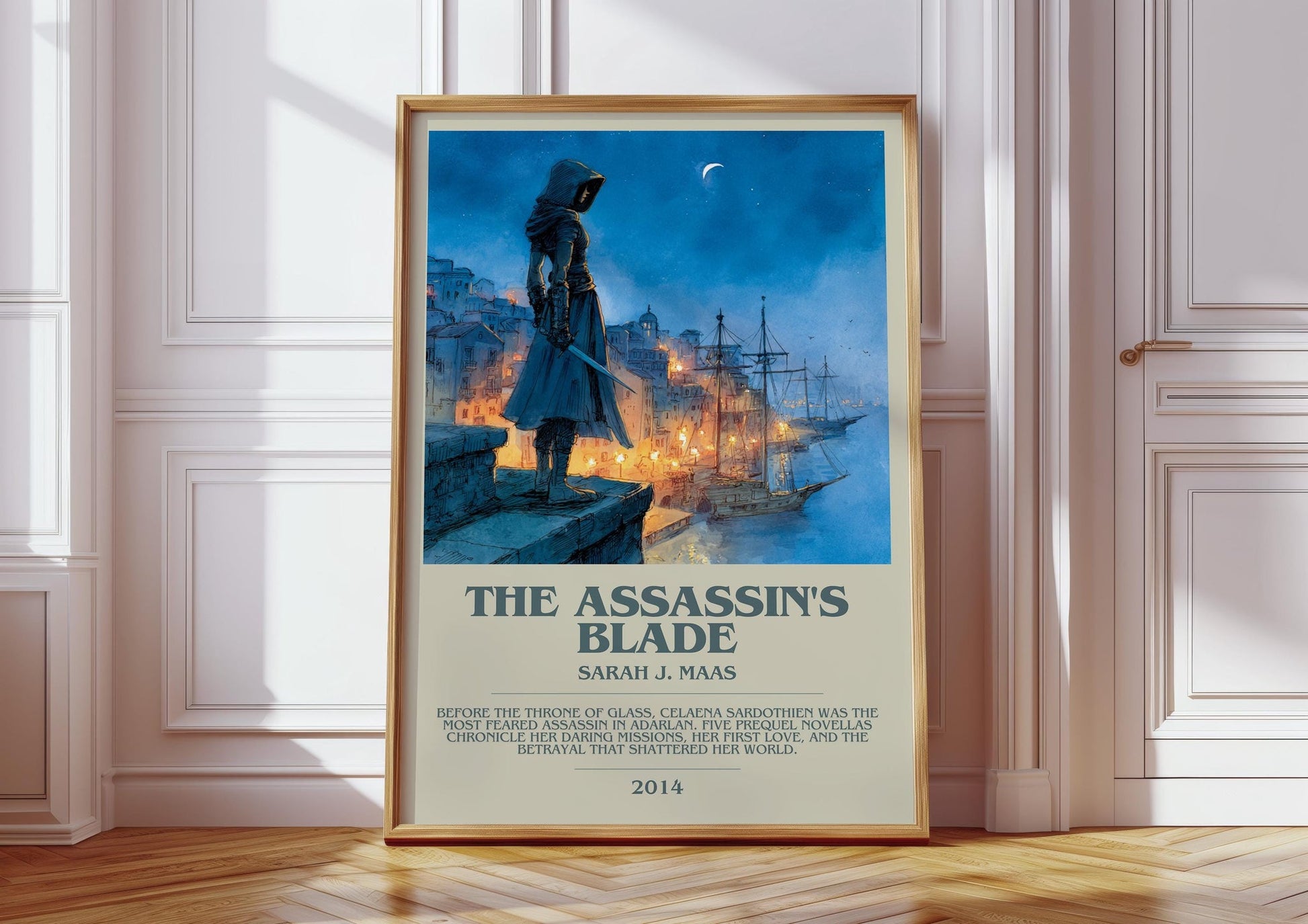 The Assassin's Blade bookish print in frame leaning in hallway – fantasy wall art