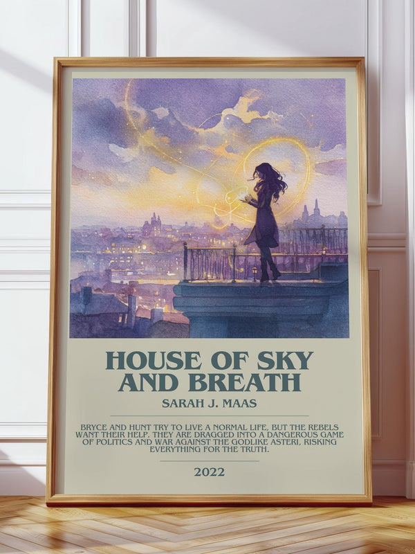 House of Sky and Breath bookish print in frame leaning in hallway – fantasy wall art