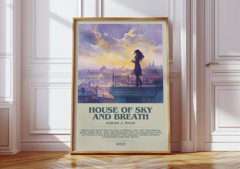 House of Sky and Breath bookish print in frame leaning in hallway – fantasy wall art