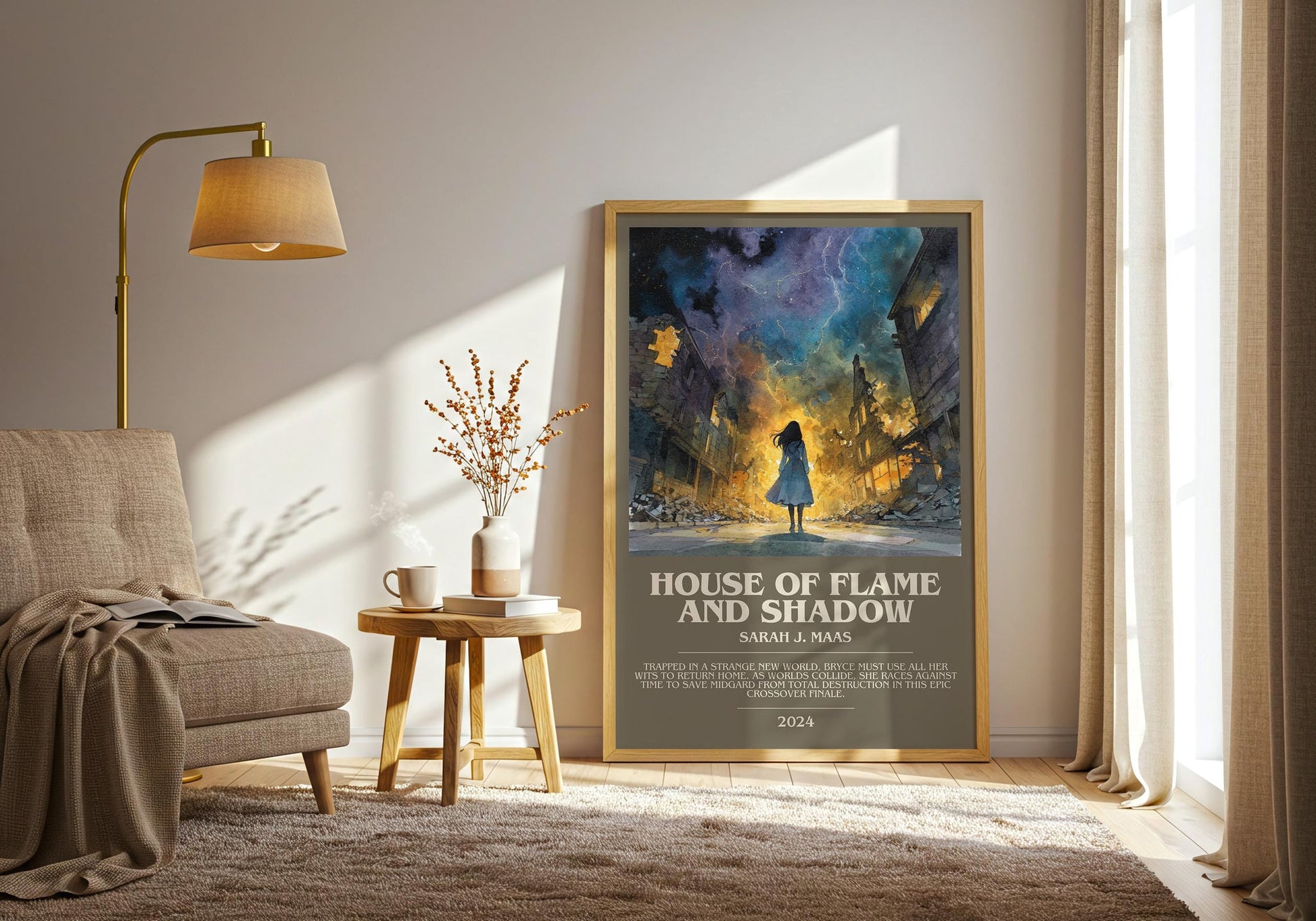 House Of Flame And Shadow bookish print on bookshelf – Sarah J. Maas fan gift