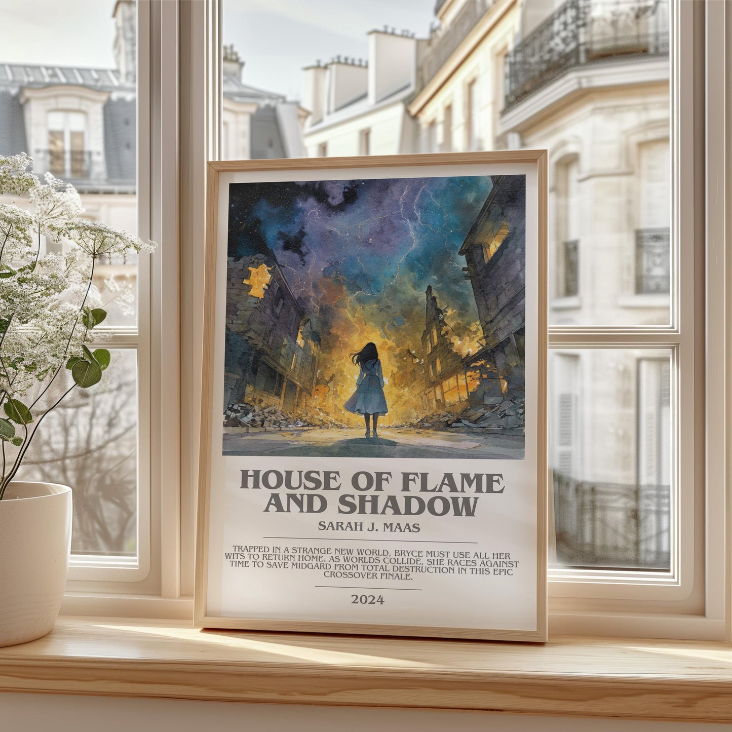 House Of Flame And Shadow bookish print framed by window – literary home decor