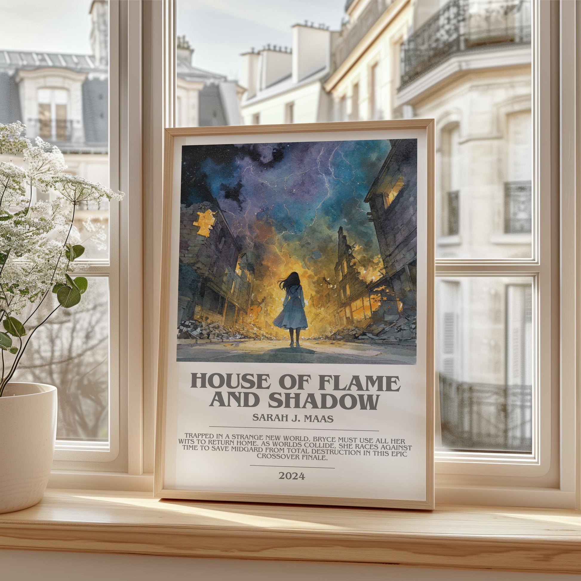 House Of Flame And Shadow bookish print framed by window – literary home decor