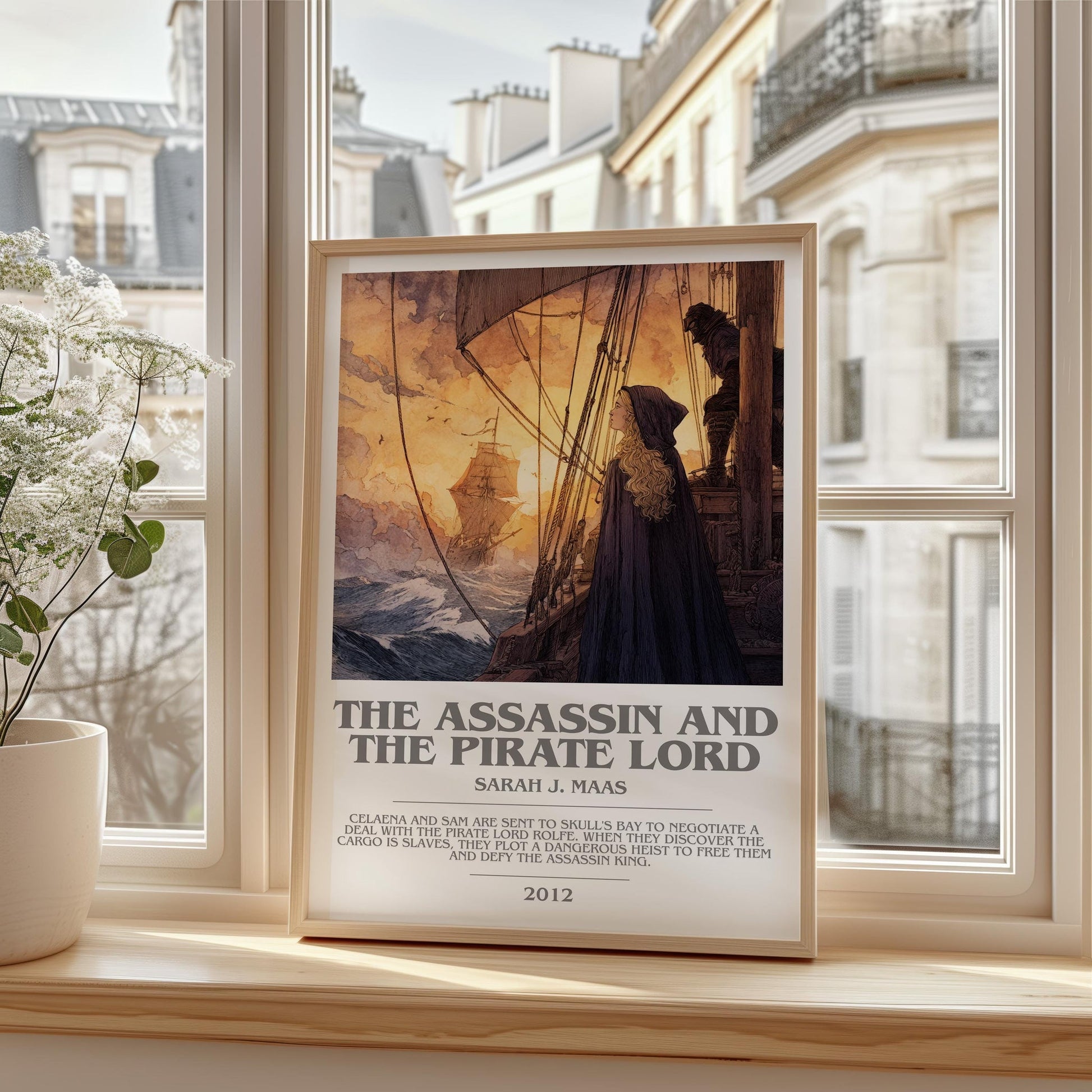 The Assassin And The Pirate Lord bookish print framed by window – literary home decor