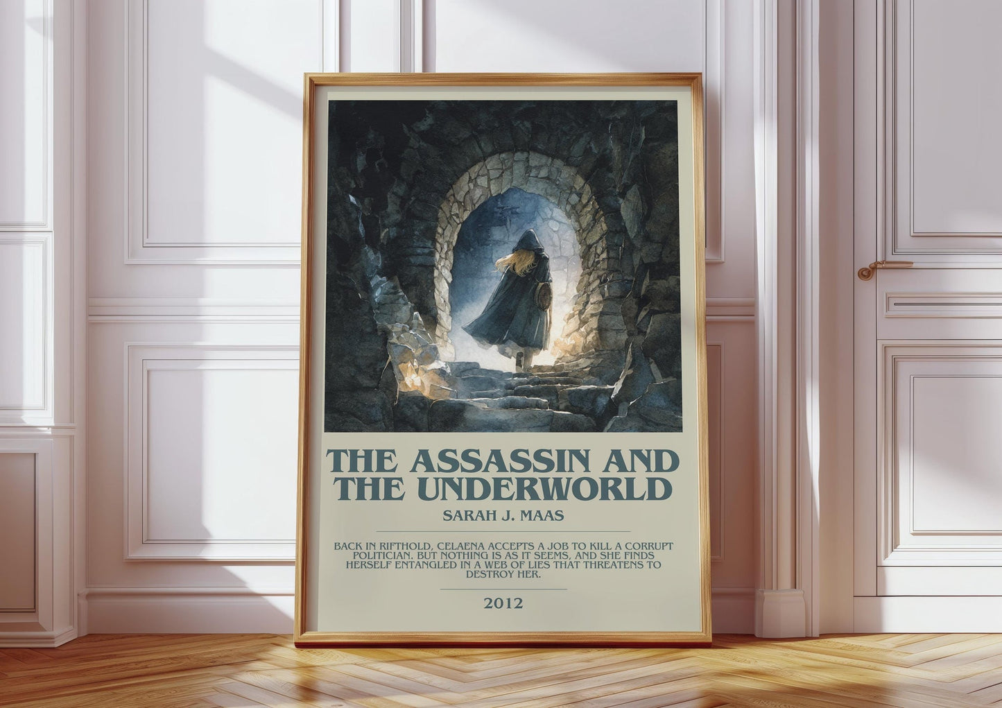 The Assassin And The Underworld bookish print in frame leaning in hallway – fantasy wall art