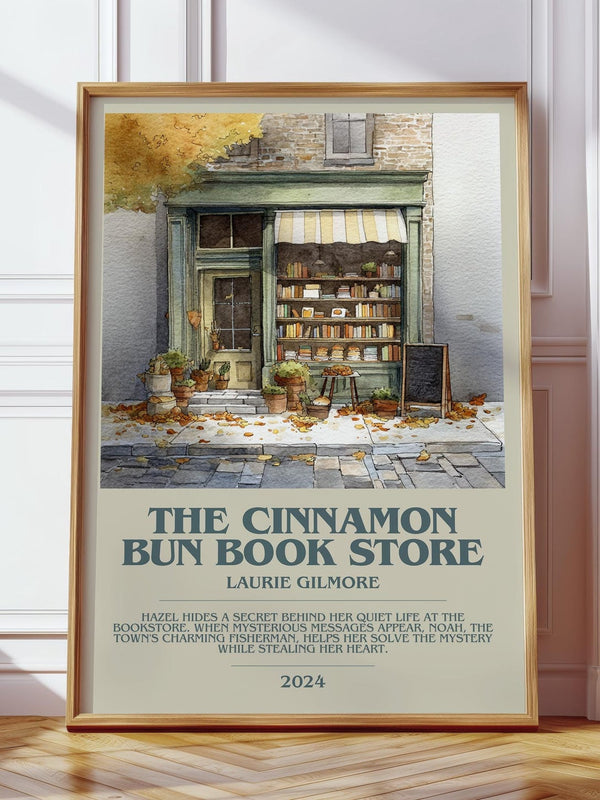 The Cinnamon Bun Book Store bookish print in frame leaning in hallway – non fiction wall art
