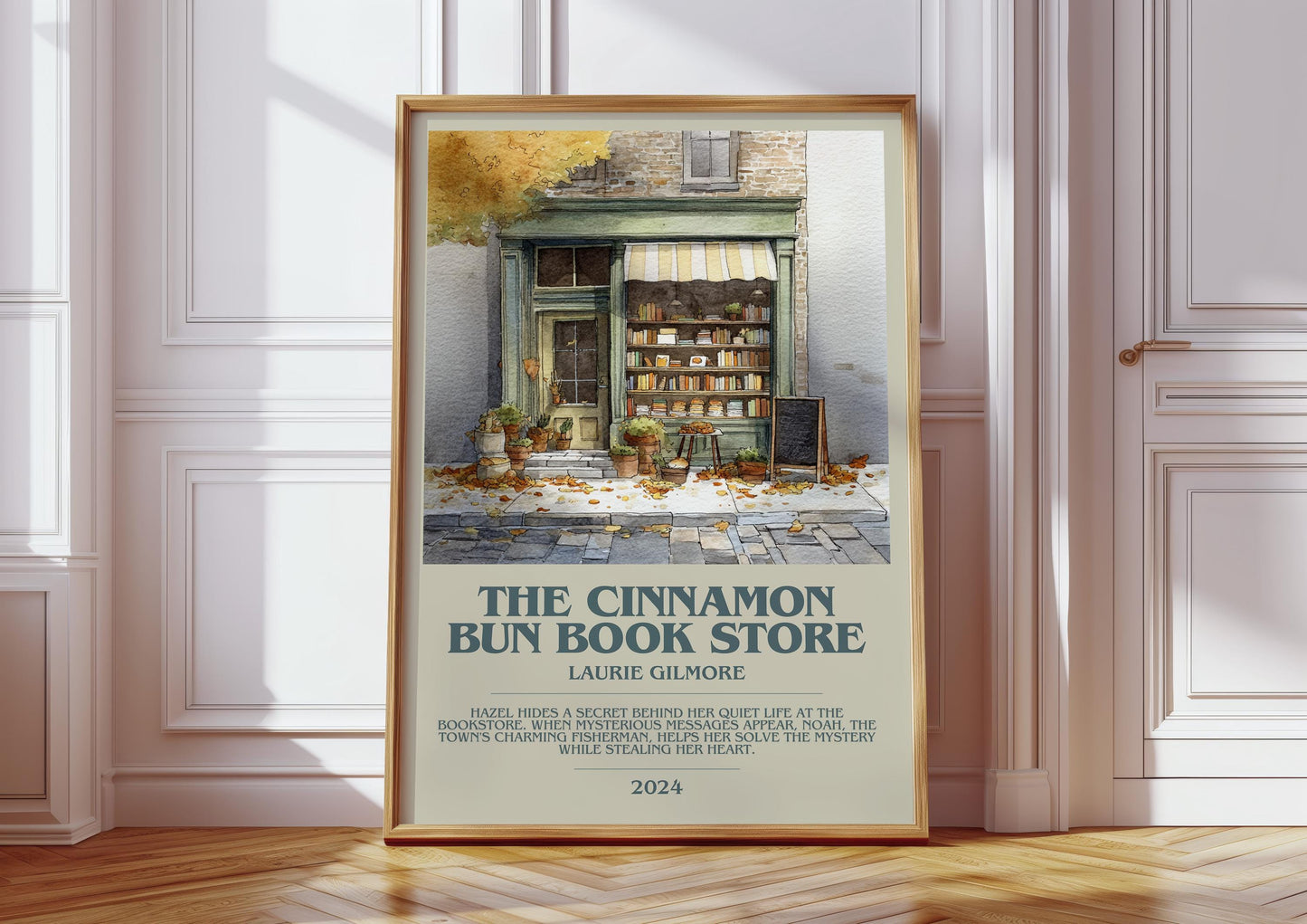 The Cinnamon Bun Book Store bookish print in frame leaning in hallway – non fiction wall art