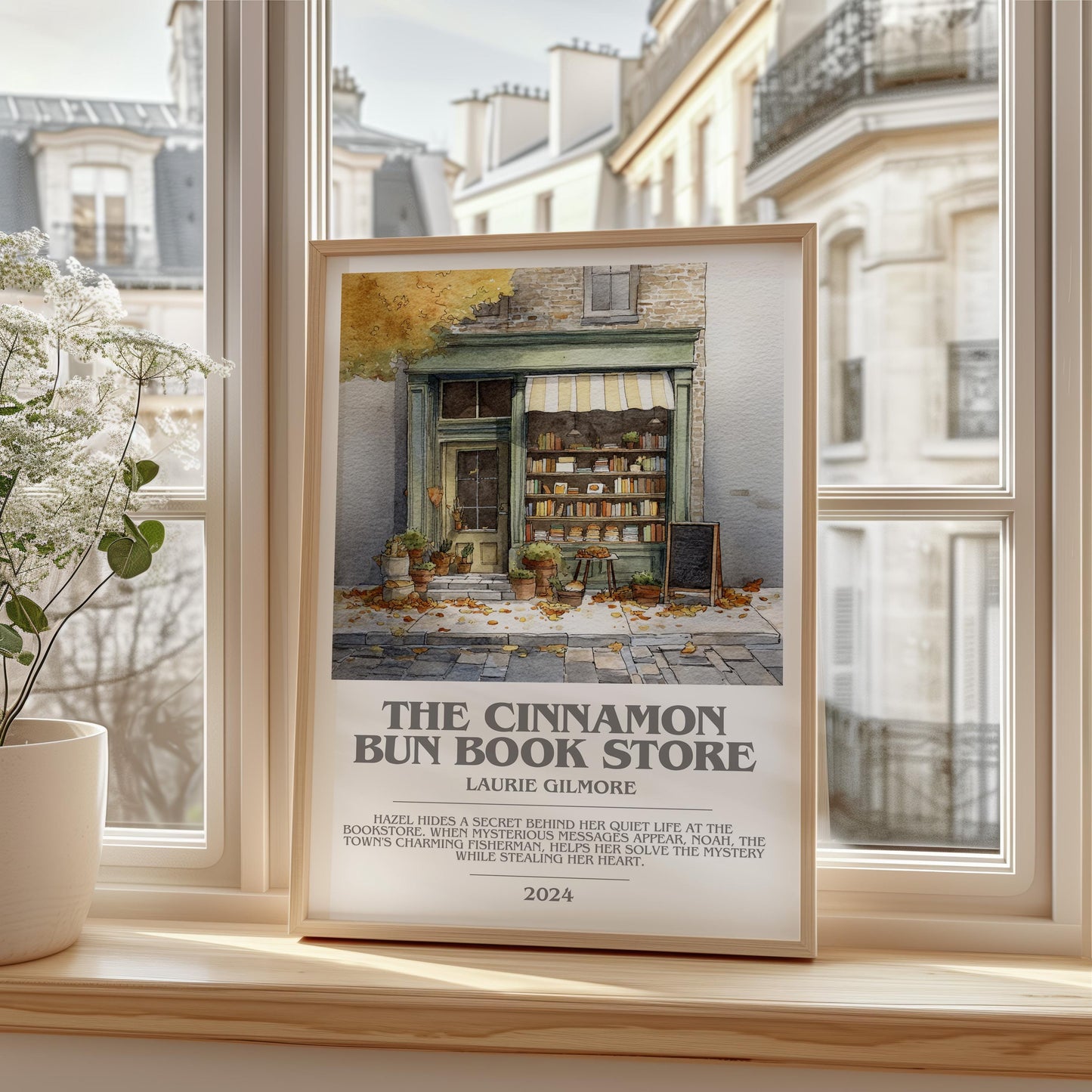 The Cinnamon Bun Book Store bookish print framed by window – literary home decor