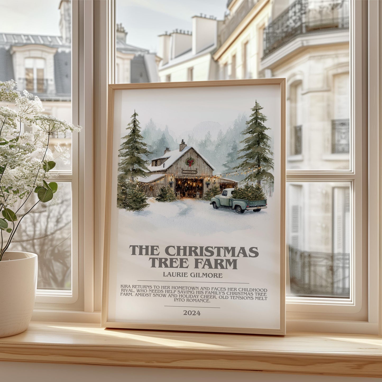 The Christmas Tree Farm bookish print framed by window – literary home decor