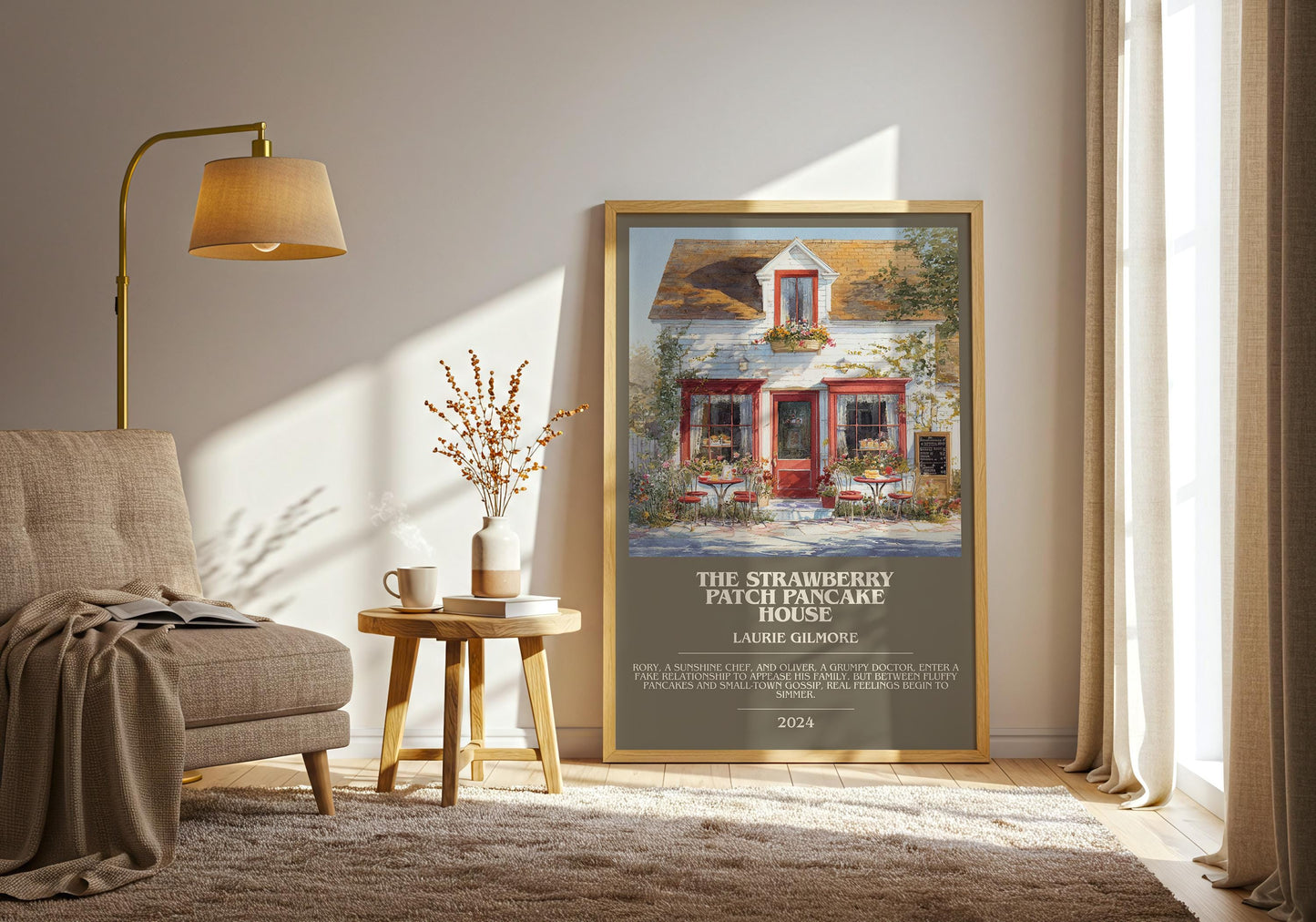 The Strawberry Patch Pancake House bookish print on bookshelf – Laurie Gilmore fan gift