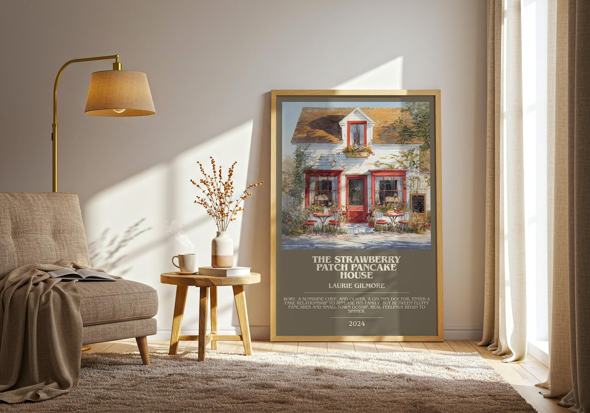 The Strawberry Patch Pancake House bookish print on bookshelf – Laurie Gilmore fan gift