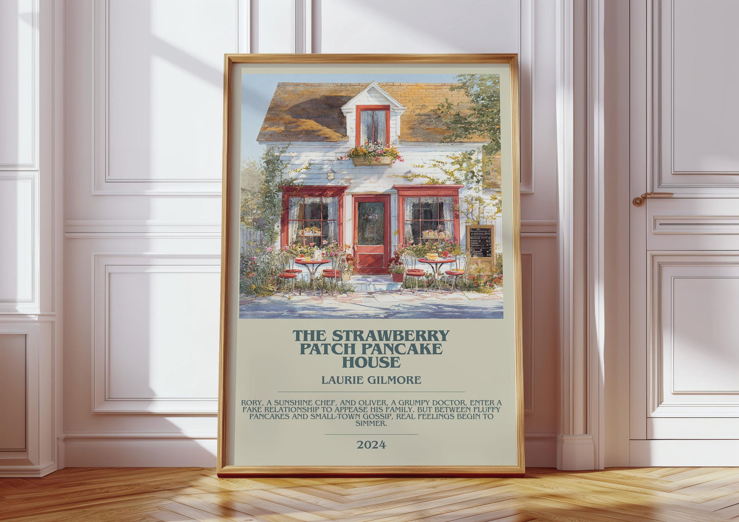 The Strawberry Patch Pancake House bookish print in frame leaning in hallway – romance wall art