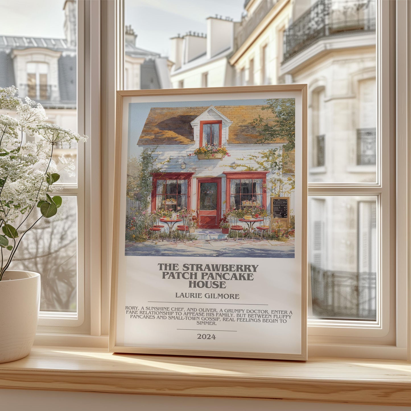 The Strawberry Patch Pancake House bookish print framed by window – literary home decor
