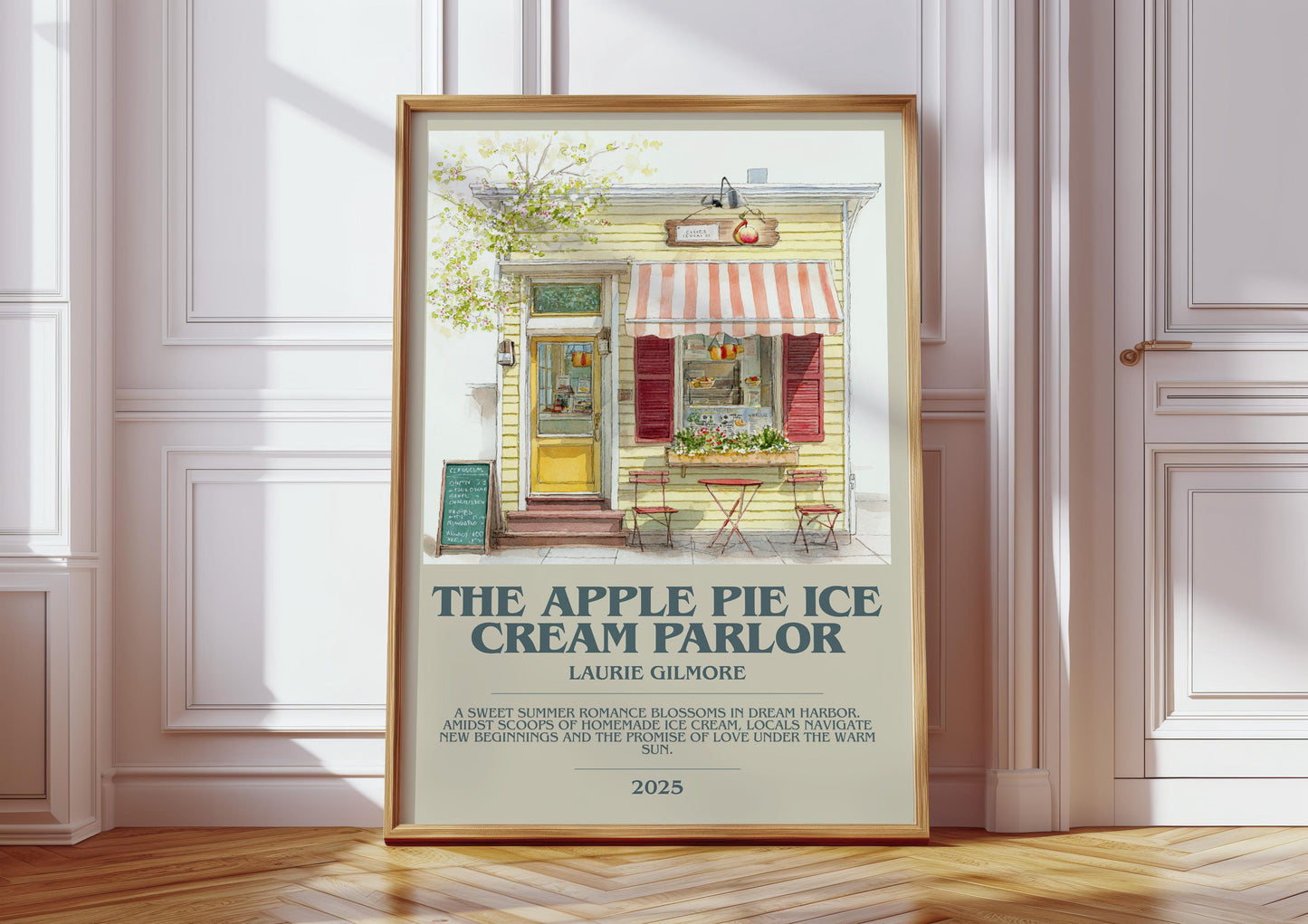 The Apple Pie Ice Cream Parlor bookish print in frame leaning in hallway – childrens wall art