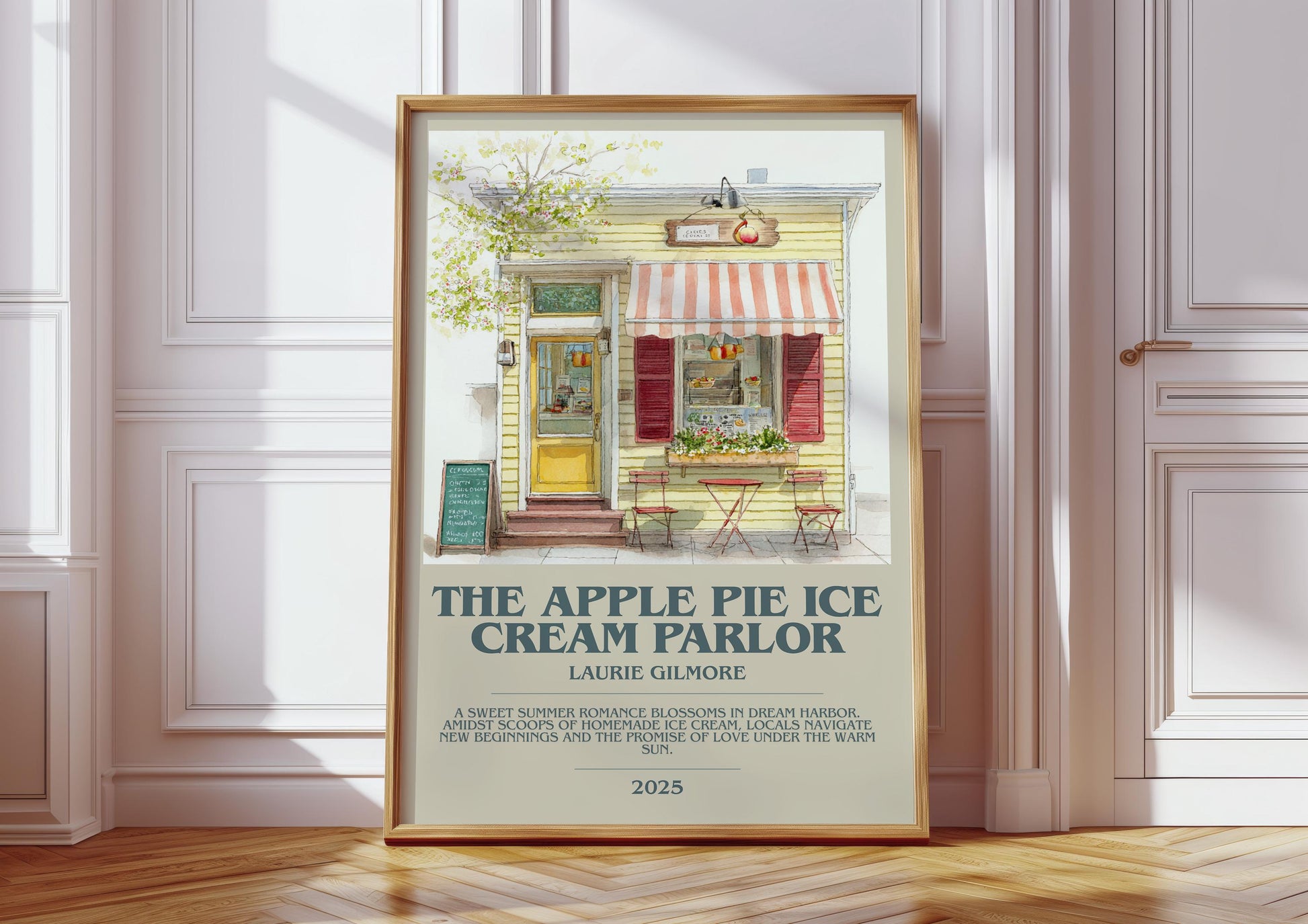The Apple Pie Ice Cream Parlor bookish print in frame leaning in hallway – childrens wall art