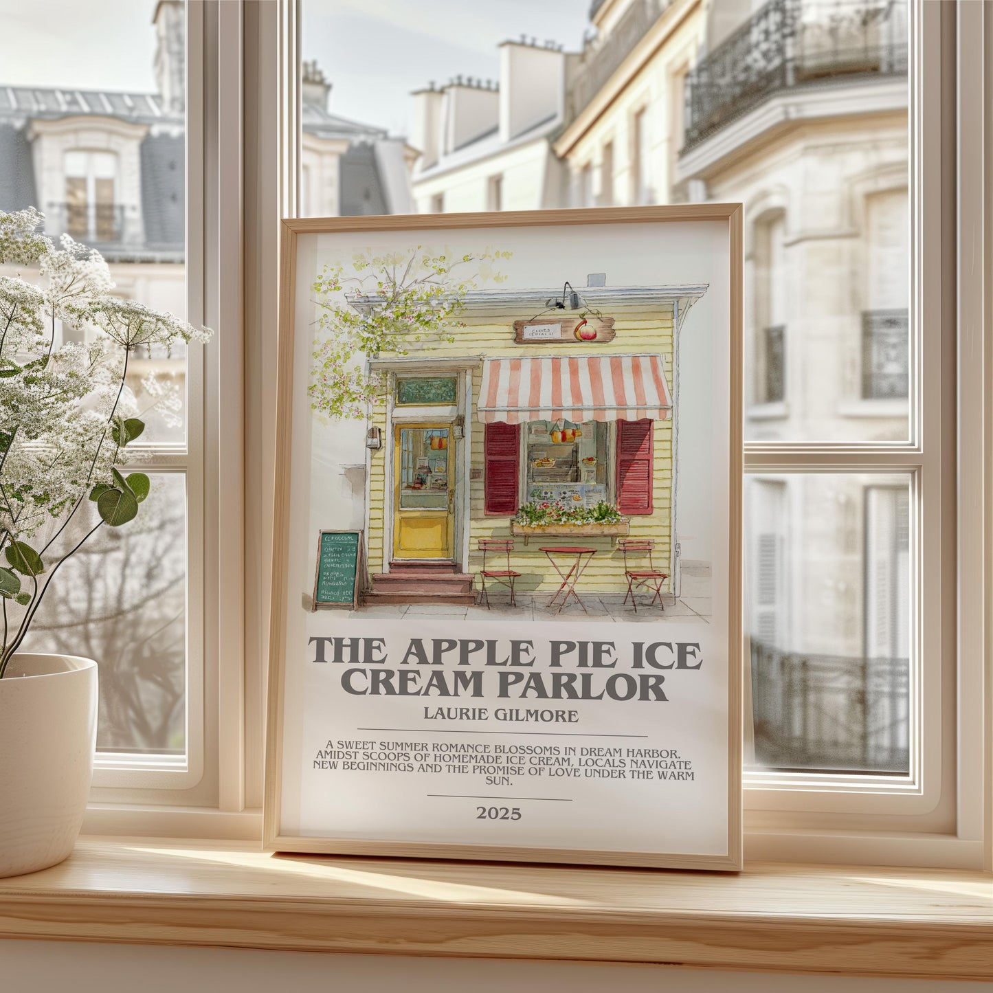 The Apple Pie Ice Cream Parlor bookish print framed by window – literary home decor